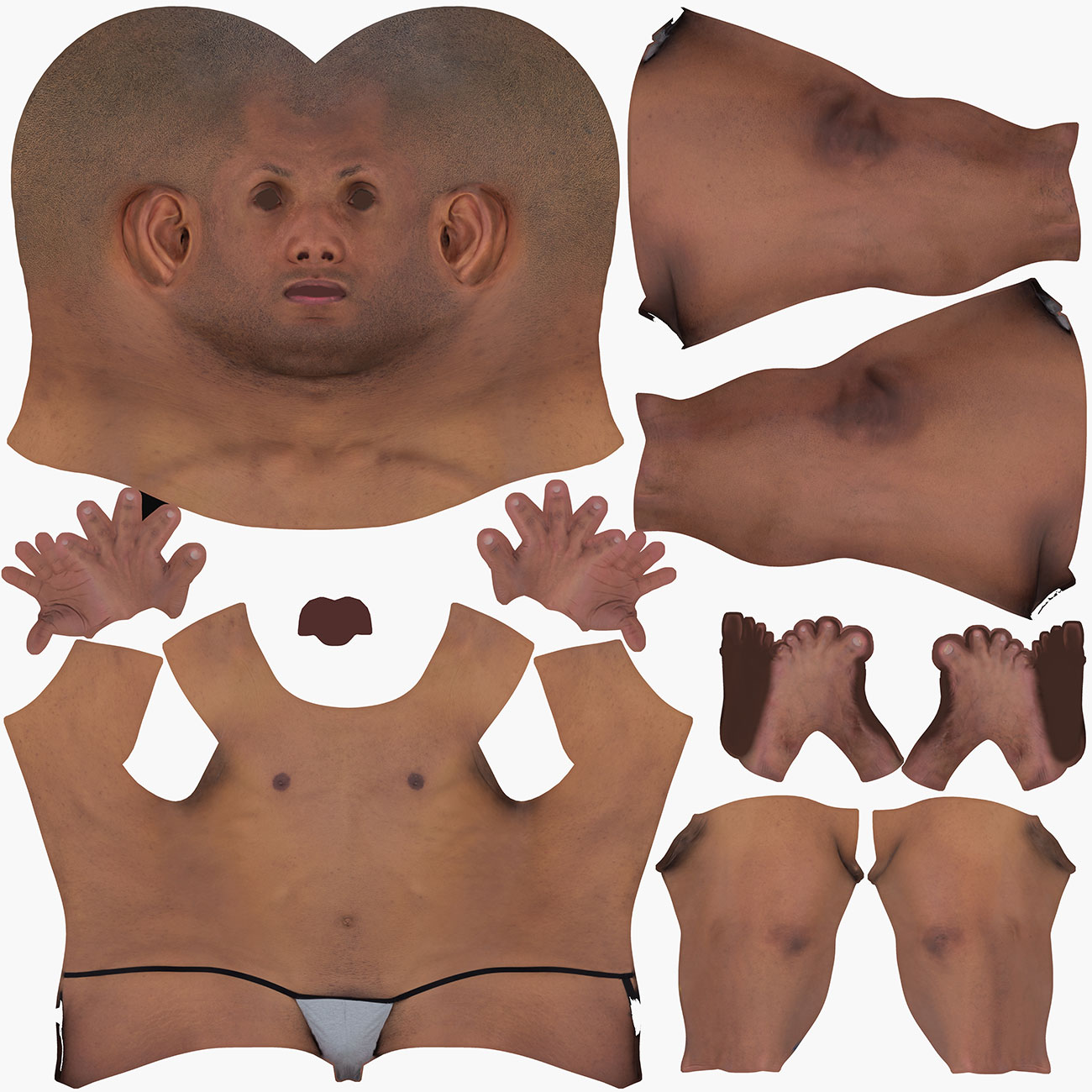 UV map layout for a male 3D body scan showing low-distortion unwrap across full body geometry